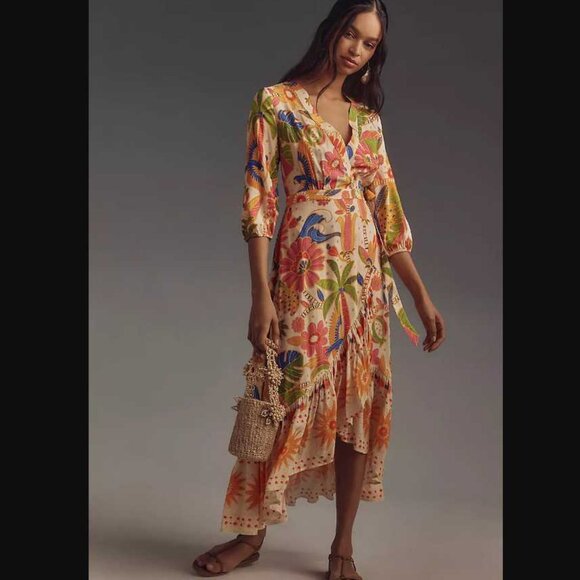 New women's XS Farm Rio x Anthropologie long-sleeve v-neck wrap midi dress